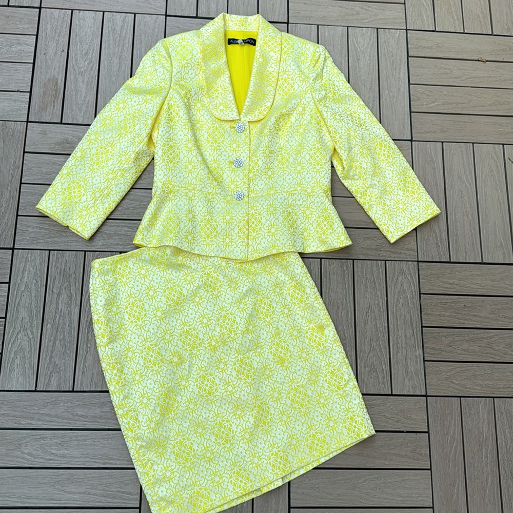 Albert Nipon Floral Jacquard Jacket w/ Pencil Skirt, Yellow/White - Picture 5 of 10